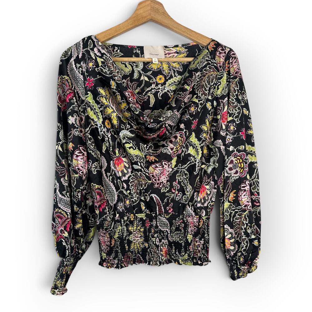 Cinq a Sept Women Small Black Silk Floral Paisley Smocked Peplum Blouse Top Boho